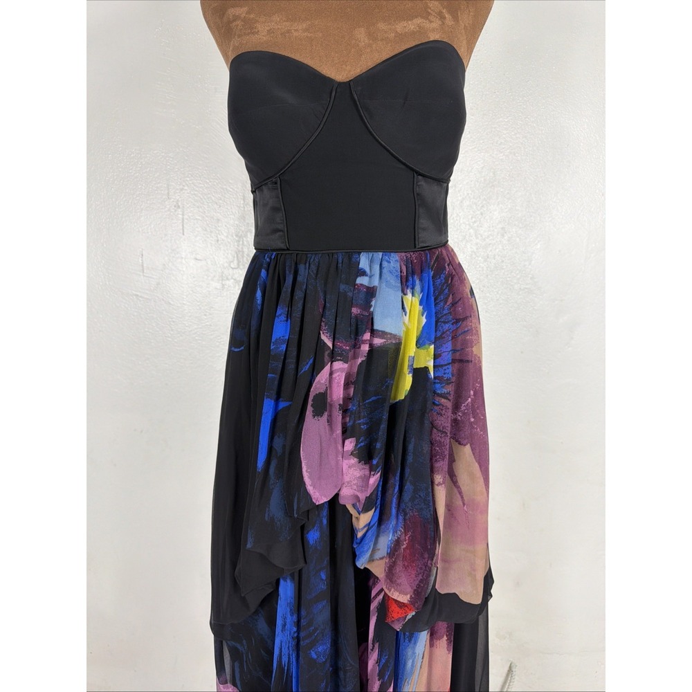 Tibi Strapless Black Bodice Floral Print Maxi Dress